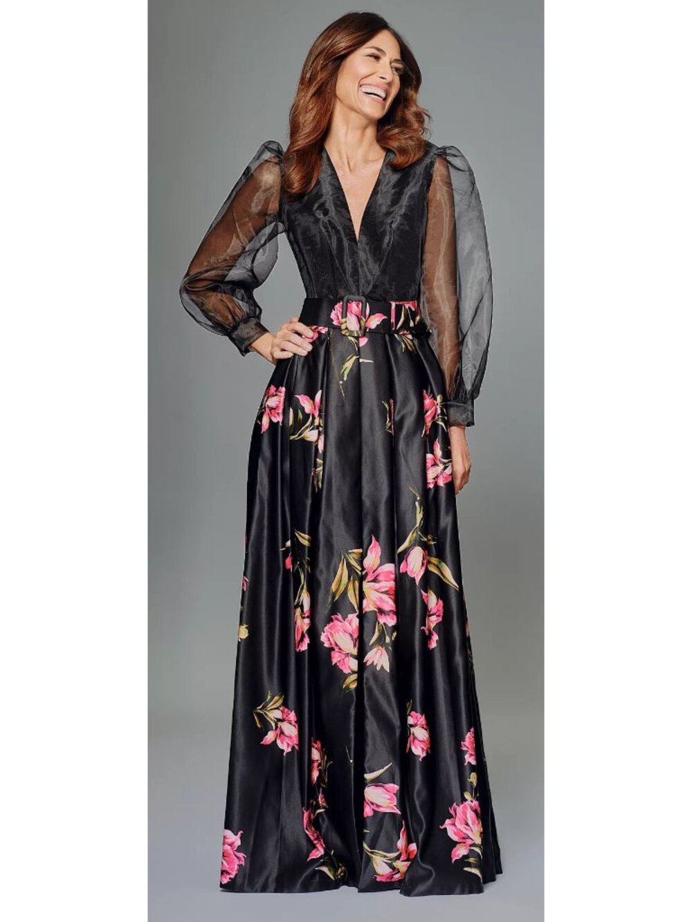 Betsy & Adam Organza-Sleeve Floral Belted Gown - Picture 2 of 4